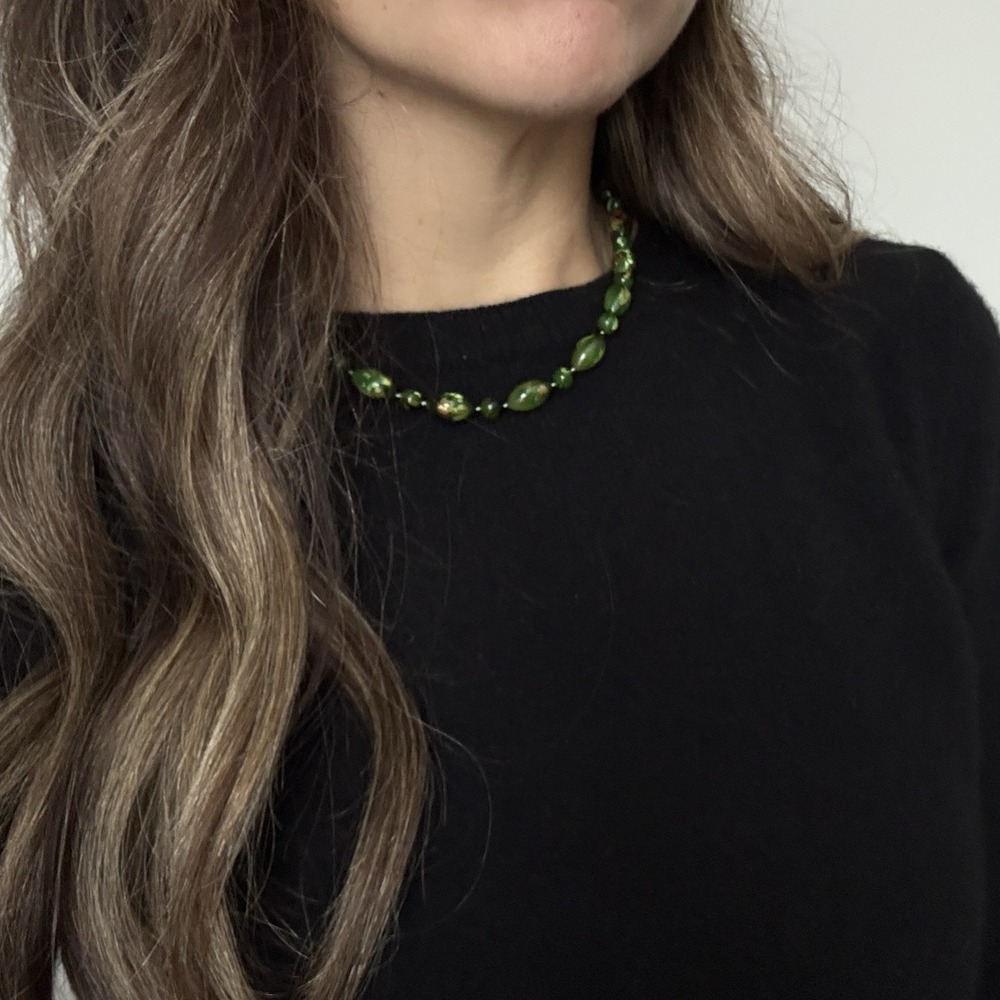 VTG Green Gold Bead Necklace Organic Chic Minimalist Earthy Resin Choker 16"